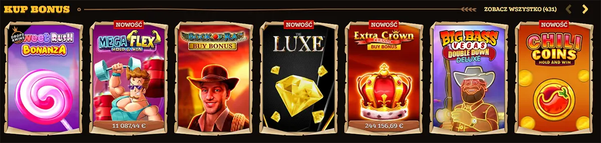Polish “Kup Bonus” (Buy Bonus) slot category row showing six game tiles: Sweet Rush Bonanza, Mega Flex, Book of Ra Buy Bonus, Luxe (diamond), Extra Crown Buy Bonus, Big Bass Vegas Double Down Deluxe, and Chili Coins, with “Zobacz wszystko (431)” on the right.