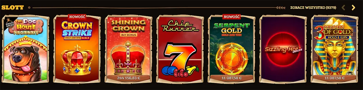 Polish “Sloty” (Slots) category row showing seven game tiles: The Dog House Megaways, Crown Strike, Shining Crown (Buy Bonus), Chip Runner (7), Serpent Gold, Sizzling Hot Deluxe, and Pyramids 3 of Gold: Hold & Win, with “Zobacz wszystko (9379)” on the right.